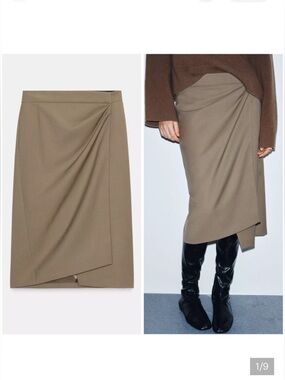 Zara Brown Wrap-Overlay Pencil Skirt